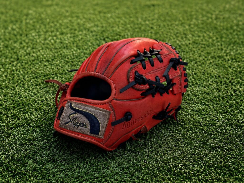 人工芝の上に置いた久保田スラッガーJ7のグローブ外側の写真